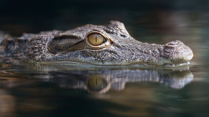 Obraz premium Close up of a crocodile partially submerged in water, showing eyes and rough skin texture, wild reptile in natural habitat, dangerous and powerful predator.