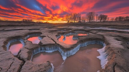 Fiery Sunset over Icy Riverbed: Abstract Landscape Photography
