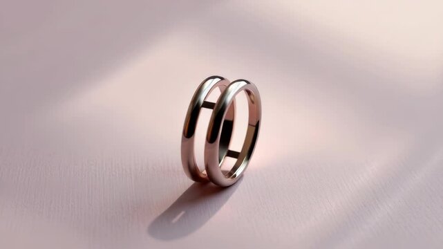 A modern, two-tone ring with a split design is elegantly displayed on a soft, light pink surface.