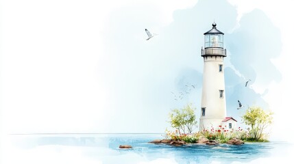 istic watercolor of a coastal lighthouse, a vital navigational aid for ships, with soft tones and ocean backdrop, calm and guiding presence
