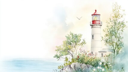 istic watercolor of a coastal lighthouse, a vital navigational aid for ships, with soft tones and ocean backdrop, calm and guiding presence