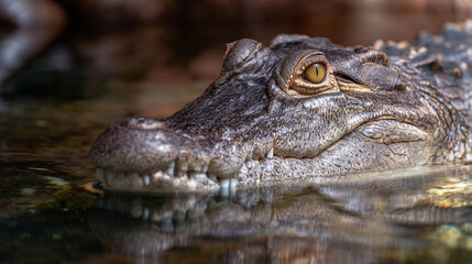Fototapeta premium Close up of a crocodile partially submerged in water, showing eyes and rough skin texture, wild reptile in natural habitat, dangerous and powerful predator.