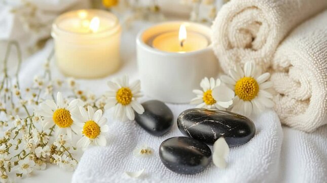 A tranquil spa setting featuring candles, a delicate orchid, and soft towels, evoking relaxation and wellness through aromatherapy and massage