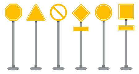 Vector set of traffic sign icons in various shapes including circle, triangle, square, octagon, and diamond on poles. Editable flat style for road safety or signage design.