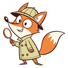 Cartoon fox detective with magnifying glass wearing a hat and coat standing on a white background