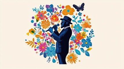 Bright and whimsical icon of jazz singer with microphone, vivid colors and simple shapes, light orange background, perfect for playful jazz festival theme