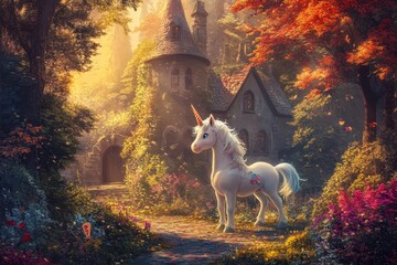 Baby Unicorn Going to School, young unicorn with a backpack trots excitedly towards a vibrant school