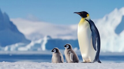Obraz premium Adult emperor penguin and chicks