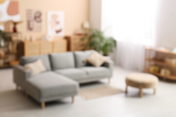 Comfortable sofa and pouf in interior of living room. Blurred view