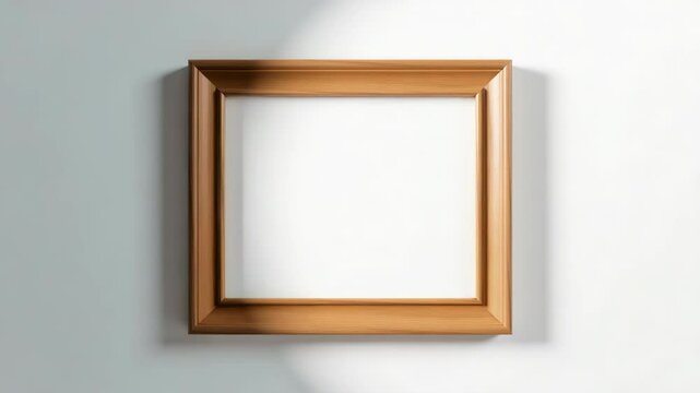 A square wooden picture frame is mounted on a plain white wall, empty and ready for artwork or a photo.
