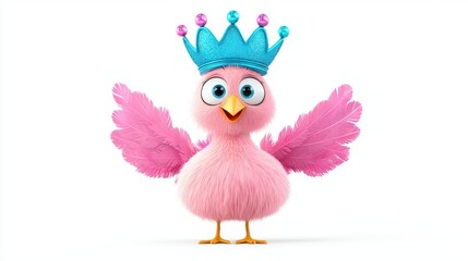 Coon pale pink turkey wearing a bright blue crown, striking an elegant pose, isolated on white background with full depth of field and crisp details