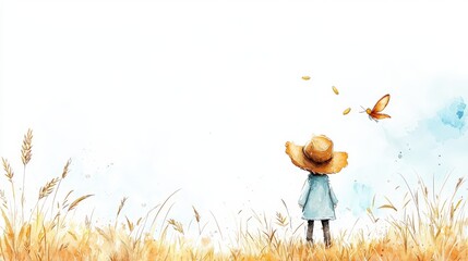 Charming farm character in muted tones, standing still with a kind gaze as a corn kernel drifts gently in a warm, peaceful watercolor scene