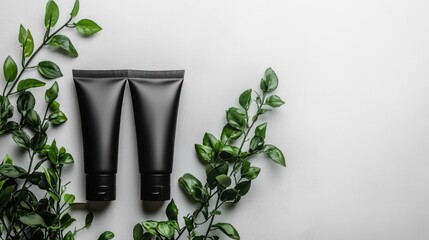 Minimalist Black Cosmetic Tubes with Greenery on Textured Gray Background