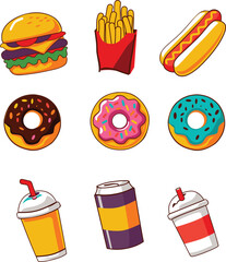 Collection of Colorful Fast Food and Junk Food Icons: Burgers, Fries, Hotdogs, and Donuts