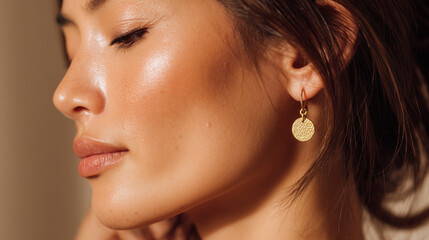 Close-up of a woman&rsquo;s ear wearing a round gold earring, elegant jewelry detail, fashion accessory, stylish and minimalistic, perfect for beauty and lifestyle concepts.