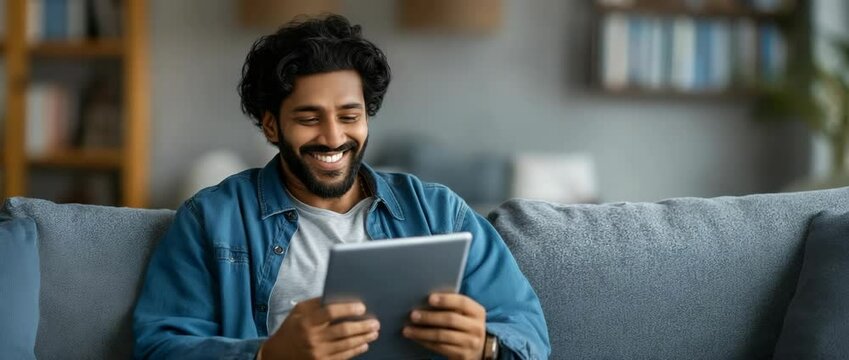 A young Indian man is lounging on the couch in the living room, reading news, perusing the internet, watching movies, and checking social media on his tablet. Online employment, learning