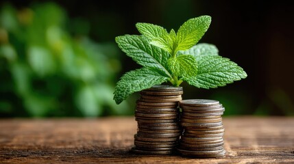 Budget planning calm through investment and income balance concept. Budget planning calm through investment and income balance concept. A mint plant growing on stacks of coins symbolizing prosperity.