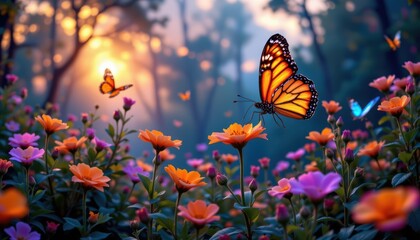 Colorful butterflies flutter among vibrant flowers in a serene forest setting.