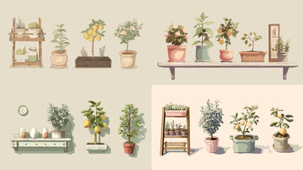 Vintage-style potted houseplants on wooden shelves in earthy tones, perfect for interior design prints, gardening blogs, or eco-friendly branding visuals.

