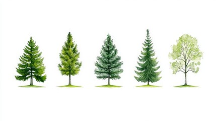 Collection of stylized green pine and fir trees, each uniquely branched, grouped together on a clean white background for nature-themed design