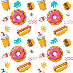 Bright and Colorful Seamless Fast Food Pattern with Donuts, Hotdogs, and Beverages