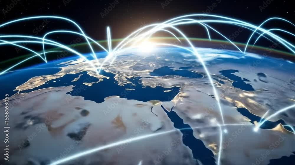Poster global network connectivity visualized: earth with glowing communication links