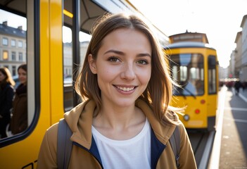 Young woman smiling with a yellow tram on a city street happy urban transportation