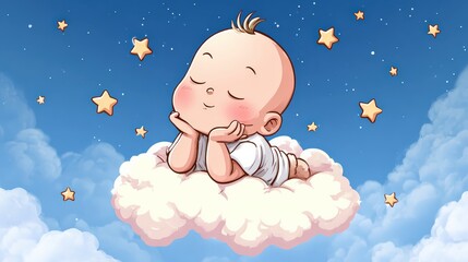 A peaceful baby sleeps on a fluffy cloud surrounded by stars in a dreamy night sky.