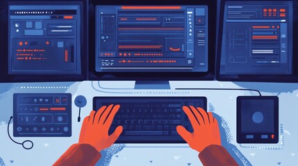Abstract Illustration: Hands Typing on Keyboard with Multiple Monitors Displaying Data