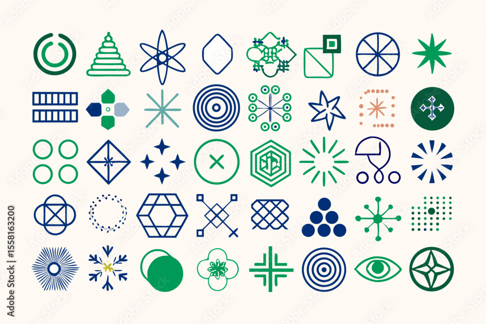 Poster a collection of modern minimalist geometric shapes and abstract icons in a harmonious color palette