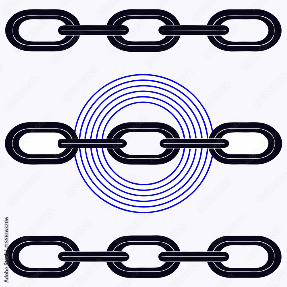 Poster abstract chain elements with blue circle symbol suggesting strength and connectivity on a white back