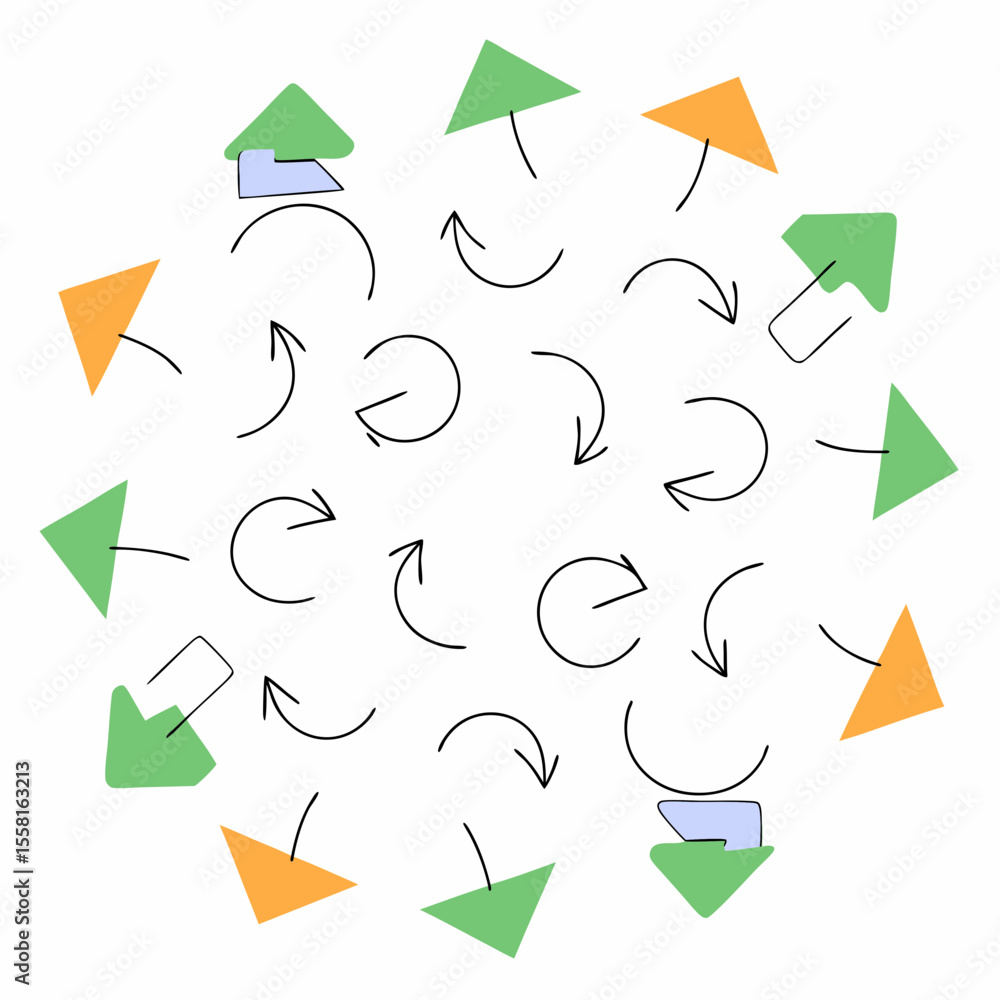 Poster abstract design featuring arrows triangles and various shapes in a circular pattern on a transparent
