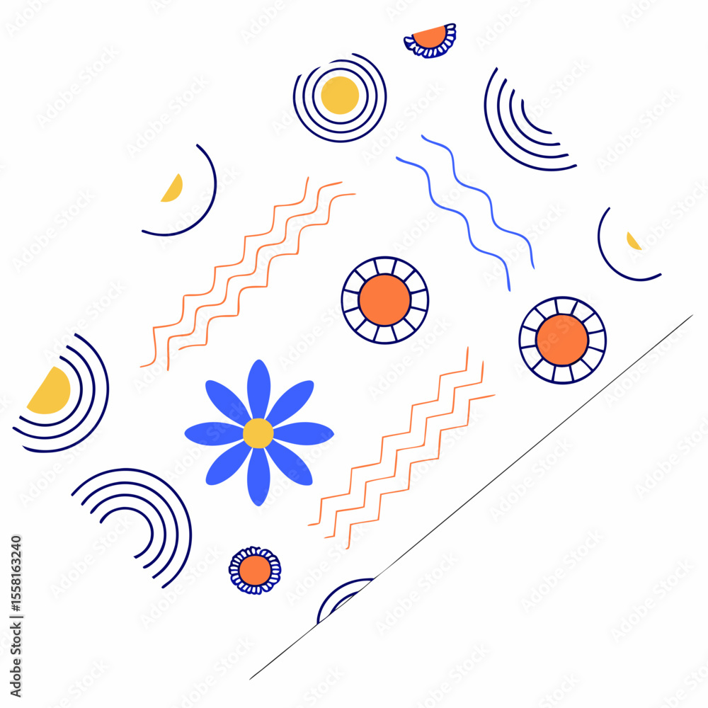 Aufkleber abstract geometric design featuring flowers sun shapes and waves offering versatile design applicati