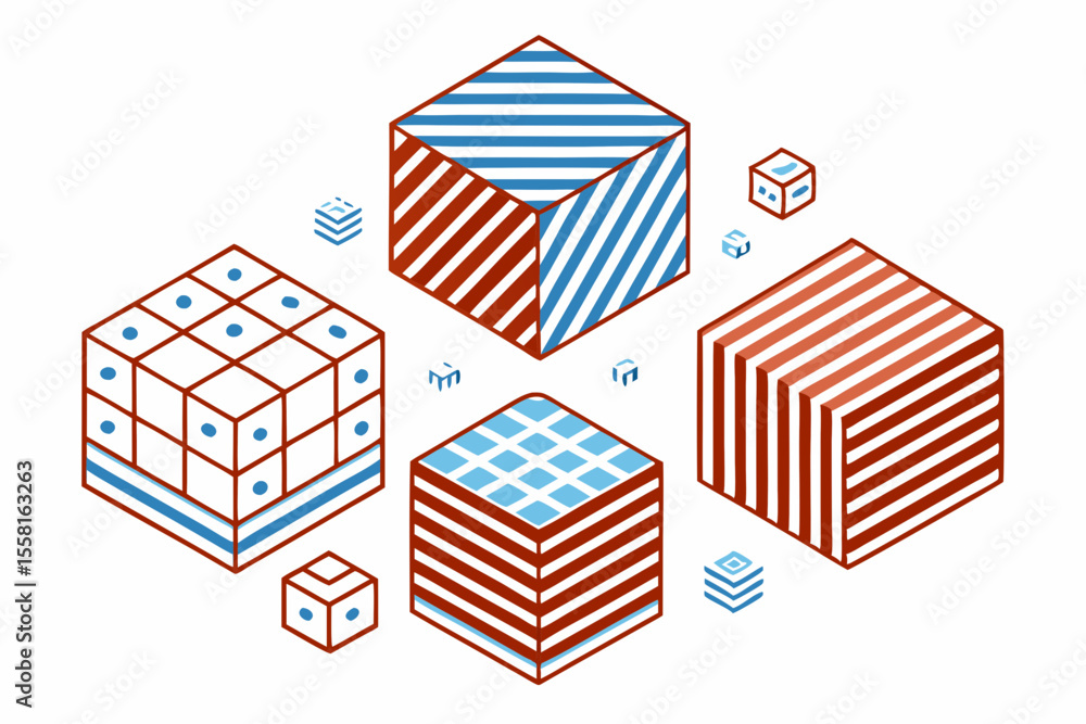 Poster abstract isometric cubes with patterned surfaces in red and blue colors suitable for various design 