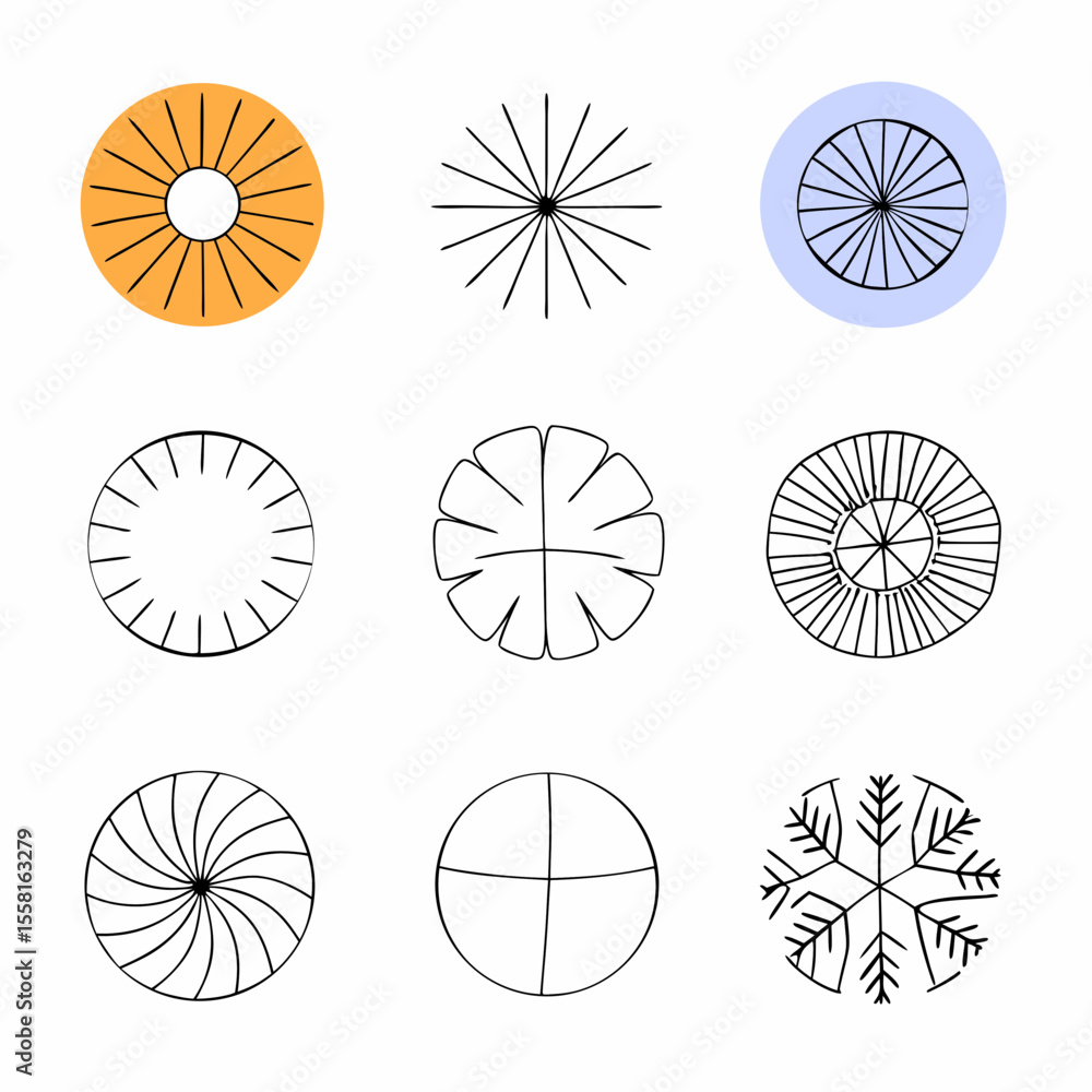 Poster abstract vector elements of circle shapes and hand-drawn designs with transparency on a white backgr
