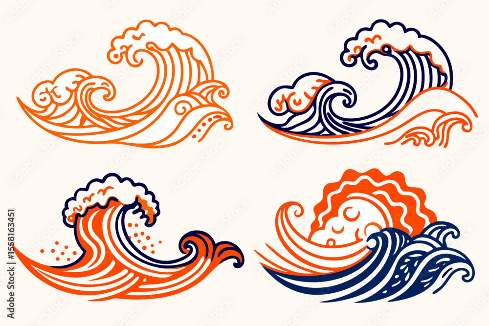Poster set of decorative ocean wave elements in various styles with transparent background for versatile de