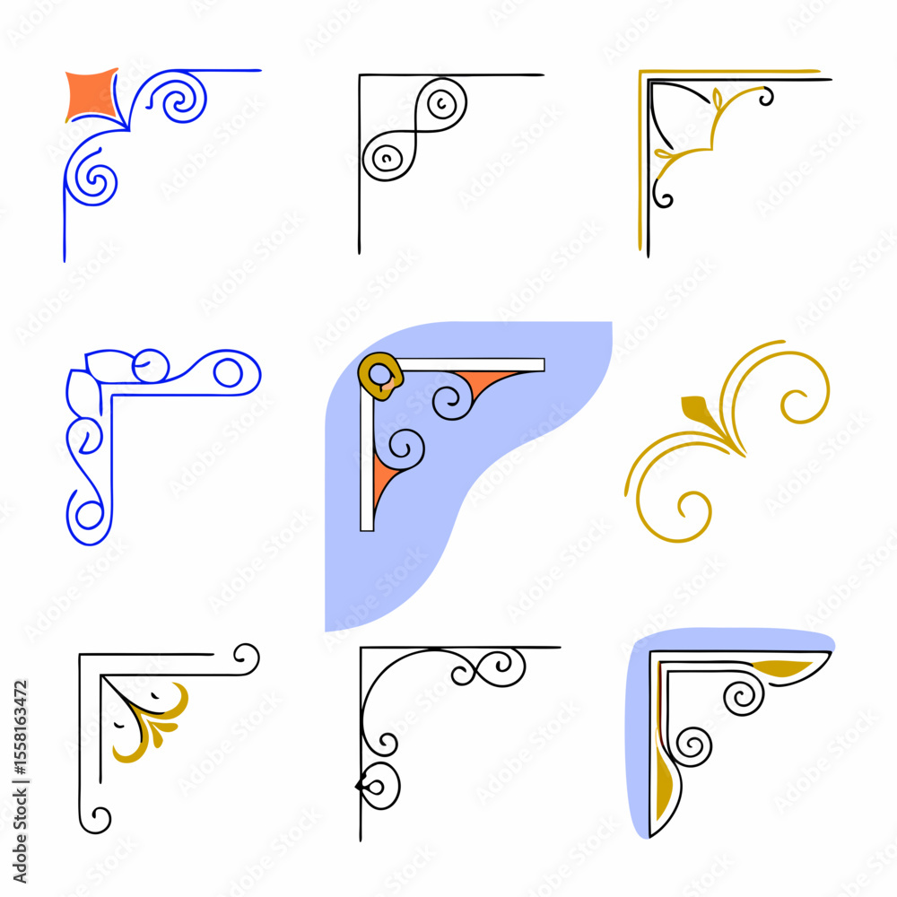 Poster set of ornate decorative corner design elements in diverse styles with transparency suitable for var