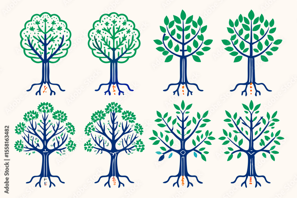 Poster stylized illustrations of trees in various forms with green leaves and blue trunks on a transparent 