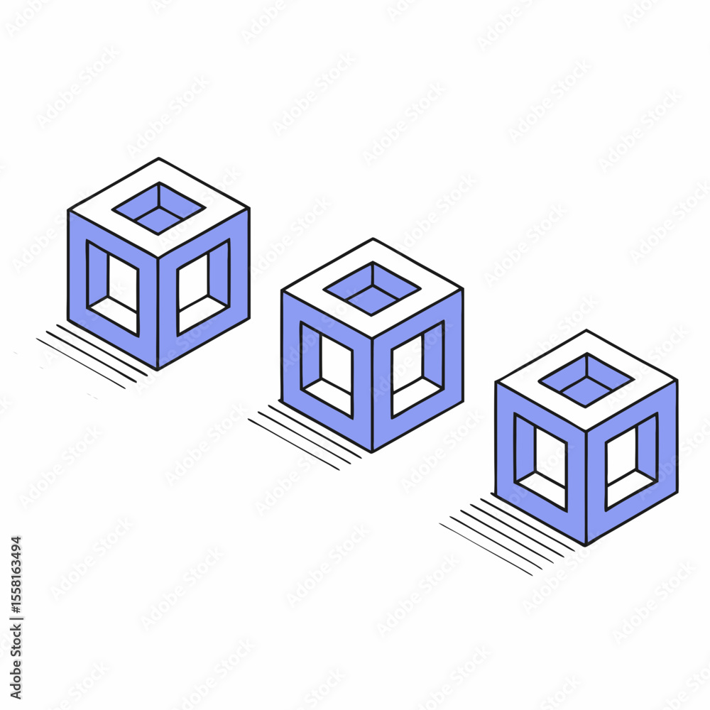 Poster three isometric blue and white cubes with shadows on a transparent background for modern design conc