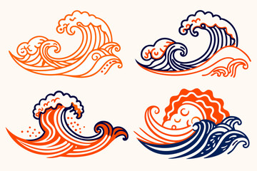 Set of decorative ocean wave elements in various styles with transparent background for versatile design uses