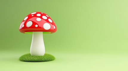 cut oute ceramic mushroom with glossy red top and bold white dots, smooth white stem, and bright green base, 3D render, full depth of field