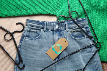 Clothes with hangers and recycling tag on beige background