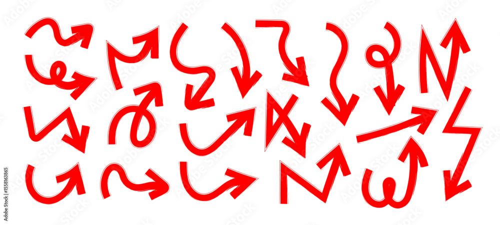 Poster red marker arrow doodle in hand drawn style set, sketch arrow brush drawn, decorative direction poin