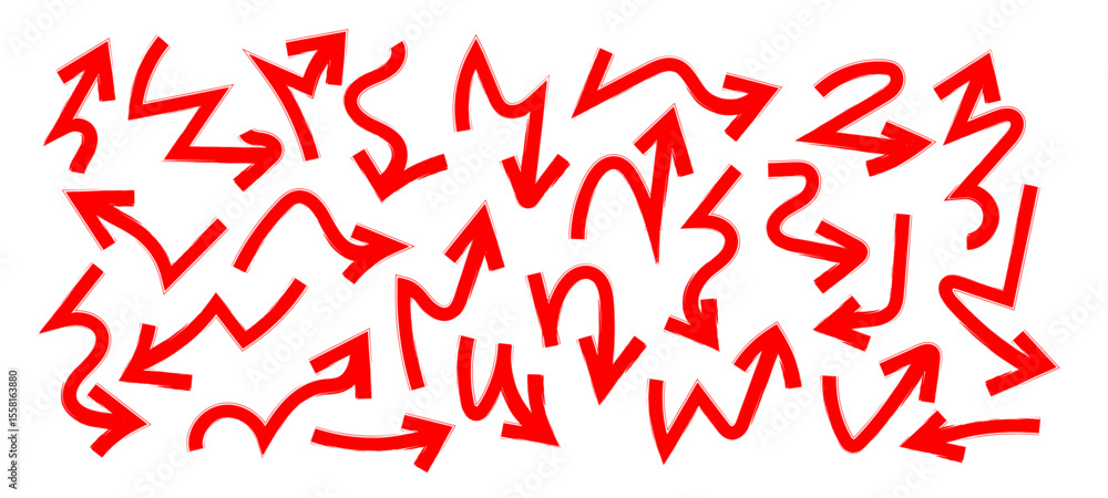 Poster red marker arrow doodle in hand drawn style set, sketch arrow brush drawn, decorative direction poin