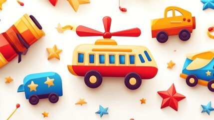 Playful Toy Vehicles and Stars Composition on White Background, Colorful Illustration.