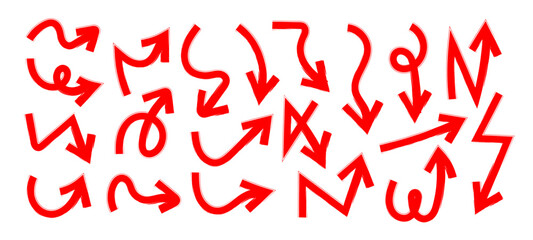Red Marker Arrow doodle in Hand drawn style set, Sketch arrow brush drawn, decorative direction pointers element design vector collection