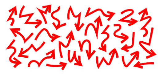 Red Marker Arrow doodle in Hand drawn style set, Sketch arrow brush drawn, decorative direction pointers element design vector collection