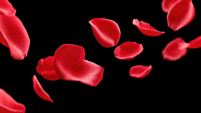 Red rose petals gracefully float against a black background, showcasing delicate texture and vibrant color.