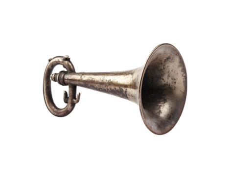 Antique brass hunting bugle with loop and hooks isolated on transparent background