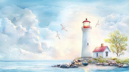 Elegant watercolor of a lighthouse on the coast, built to guide ships safely through the sea, glowing with soft color harmony and peaceful light
